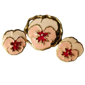 Avon Vinatge "Full Bloom" Pansy Enamel Brooch and Stud Earrings Set